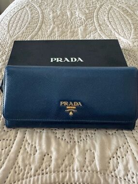 Prada Saffiano Leather Continental Wallet - Deep Blue with Gold Logo
